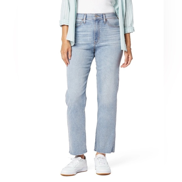 Levis Signature Heritage High Rise Straight Light Blue Denim Jeans Raw Hem Sz 16 - Picture 1 of 12